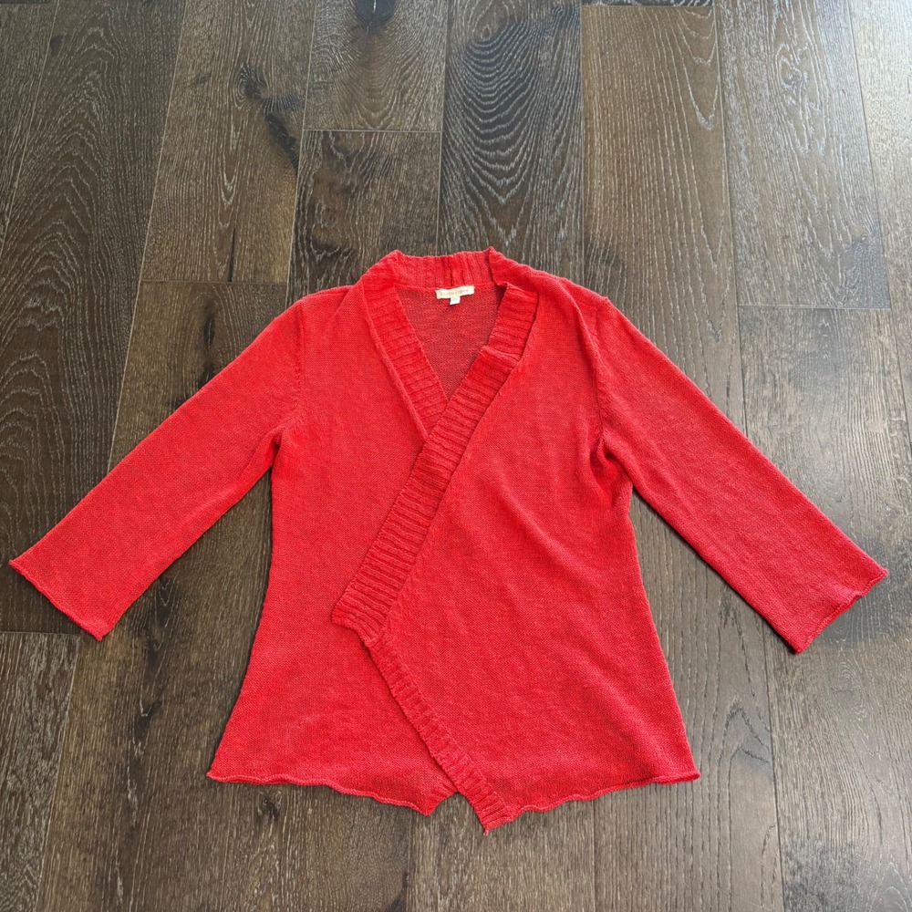 Eileen Fisher Red Linen Blend Open Front Asymmetrical Cardigan Sweater Womens S